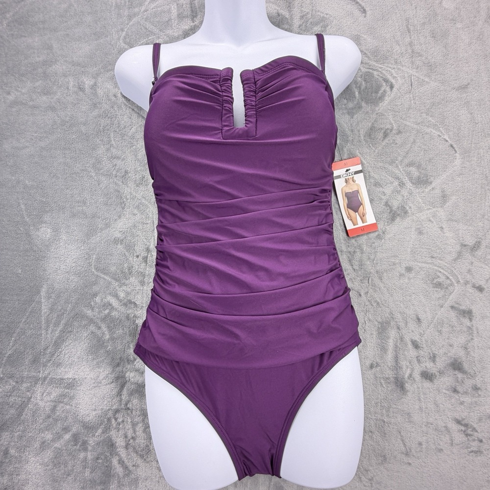 DKNY One Piece Swimsuit Medium Purple Ruched Bandeau V-Wire Removable Straps NWT